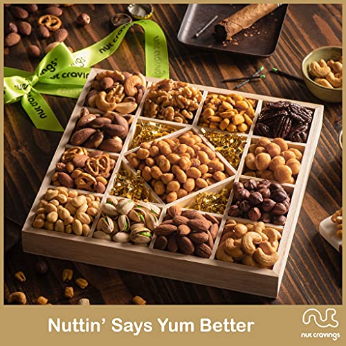 Gourmet Nut Gift Basket In Wooden Tray + Green Ribbon 13 Piece