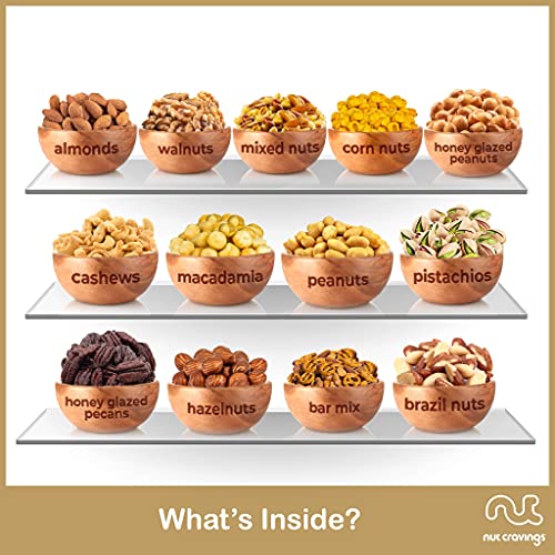 Gourmet Nut Gift Basket In Wooden Tray + Green Ribbon 13 Piece