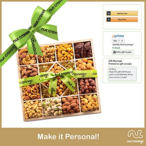 Gourmet Nut Gift Basket In Wooden Tray + Green Ribbon 13 Piece