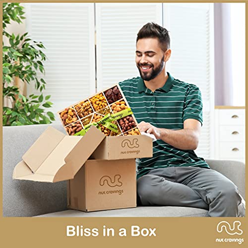 Gourmet Nut Gift Basket In Wooden Tray + Green Ribbon 13 Piece