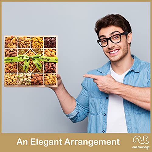 Gourmet Nut Gift Basket In Wooden Tray + Green Ribbon 13 Piece