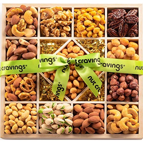 Gourmet Nut Gift Basket In Wooden Tray + Green Ribbon 13 Piece