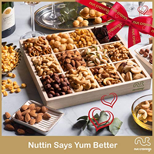 Gourmet Nut Gift Basket, Wood Tray Red Ribbbon 12 Mix - Easter
