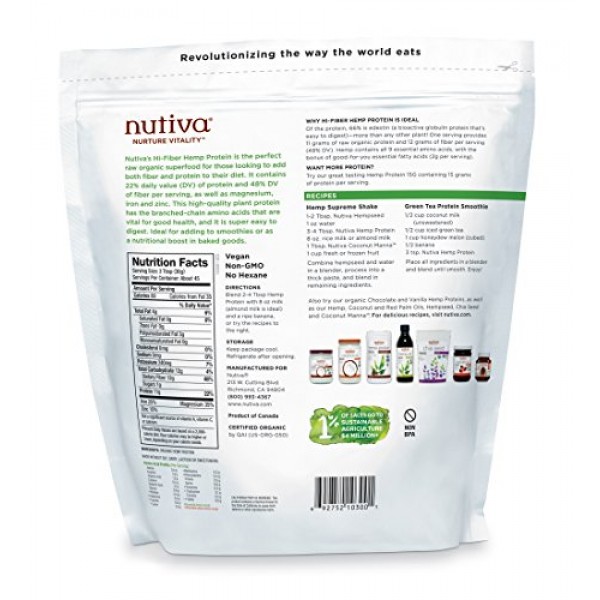 Nutiva Organic Cold-Pressed Hemp Seed Protein Powder, Hi-Fiber, ...