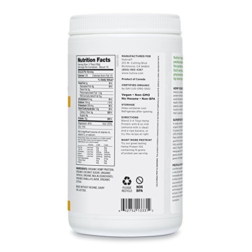 Nutiva Organic, Cold Processed Hemp Seed Protein, Vanilla, 16-Ounce