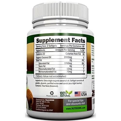 Organic Coconut Oil Capsules - 180 Softgels - 4000 Mg Daily - Co
