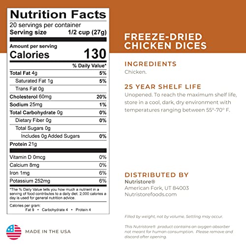 Nutristore Freeze Dried Chicken | 80 Large Servings | Premium Qu