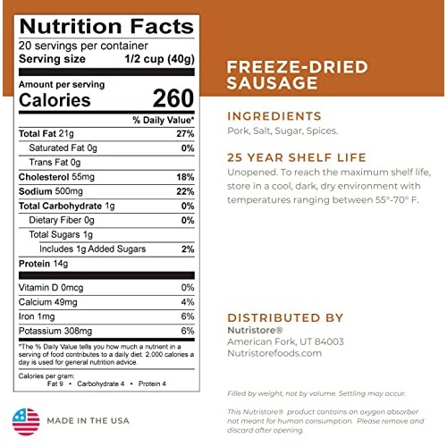 Nutristore Freeze Dried Sausage | Pre-Cooked Ground Pork Meat Fo