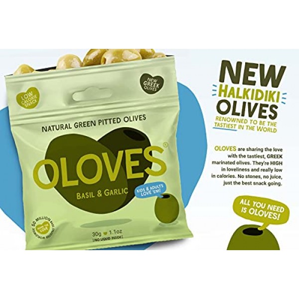 OLOVES Whole Pitted Green Olives | 30 Pack | Basil & Garlic | Ve...