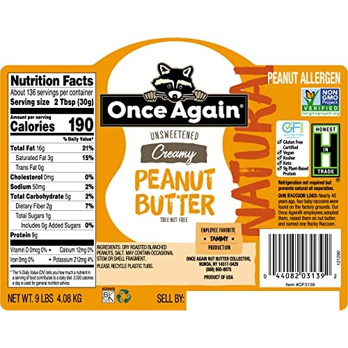 Once Again Natural, Creamy Peanut Butter, 9Lb Bucket - Lightly S