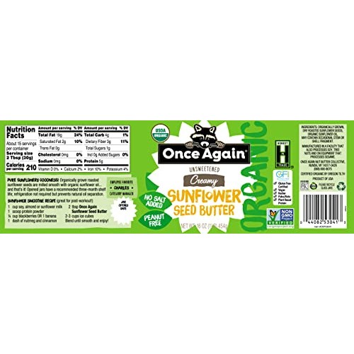 Once Again Organic Creamy Sunflower Butter, 16oz - Salt Free, Un...