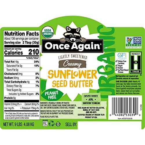 Once Again Organic Creamy Sunflower Butter, 9lb Bucket same as ...