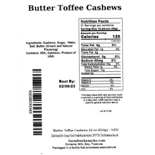 Oregon Farm Fresh Snacks Butter Toffee Cashews – 22Oz Butter Tof