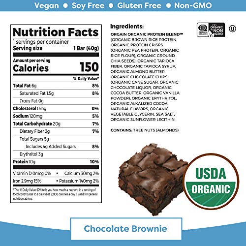 Orgain Organic Plant Based Protein Bar, Chocolate Brownie - Vega