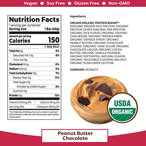 Orgain Organic Plant Based Protein Bar, Peanut Butter Chocolate