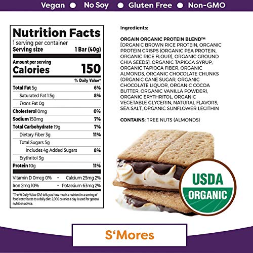 Orgain Organic Plant Based Protein Bar, Smores - Vegan, Gluten