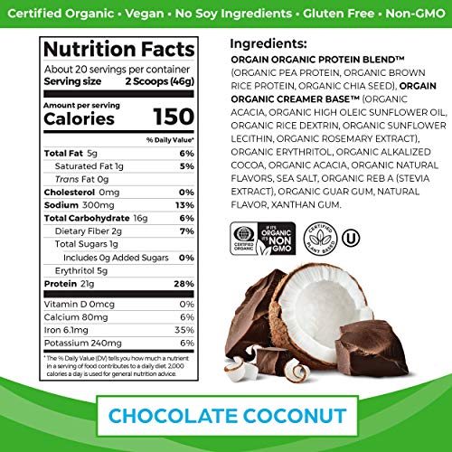 Orgain Organic Plant Based Protein Powder, Chocolate Coconut - V