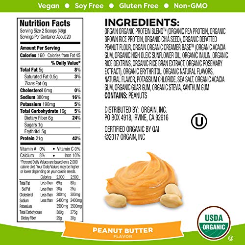 Orgain Organic Plant Based Protein Powder, Peanut Butter - Vegan