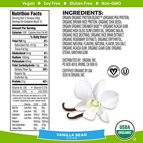 Orgain Organic Plant Based Protein Powder, Vanilla Bean - Vegan,