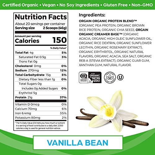 Orgain Organic Vegan Protein Powder, Vanilla Bean - 21g of Plant...
