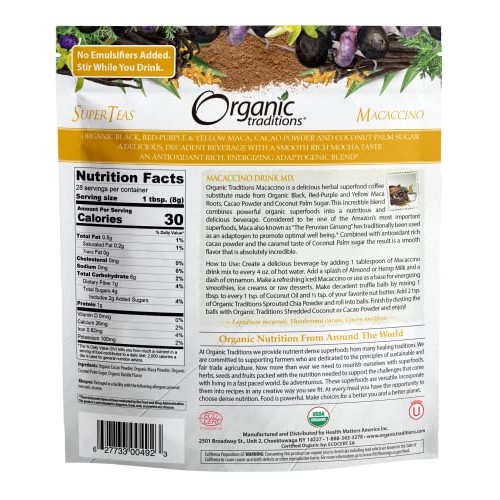 Organic Traditions Macaccino Drink Mix - 8oz - Maca Root & Cacao...