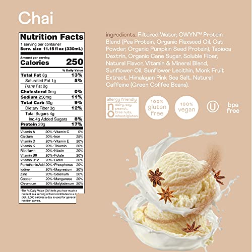 OWYN Vegan Adult Meal Replacement Protein Shake, Chai, 20g plant...