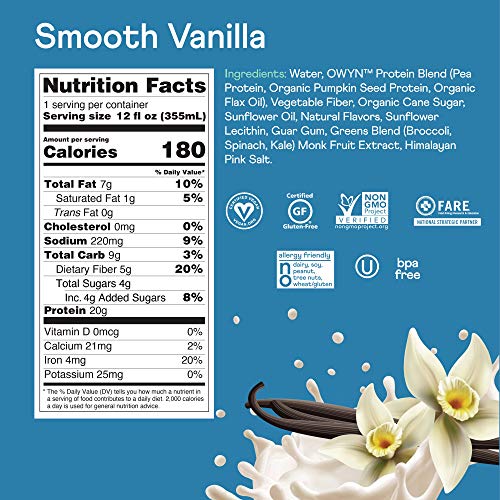 Owyn, Vegan Protein Shake, Smooth Vanilla,12 Fl Oz Pack Of 4,