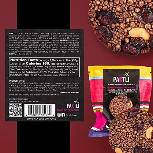 Paktli Foods Organic 70% Extra Dark Chocolate with Dried Cranber...
