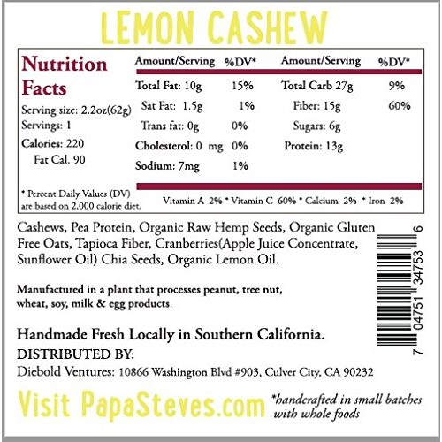 Papa Steves No Junk Raw Protein Bars,Lemon Cashew 2.2 Oz, 10 Count