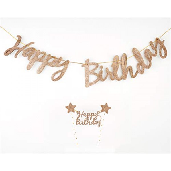 PapaKit Glitter Champagne Gold Happy Birthday Bunting Banner and...