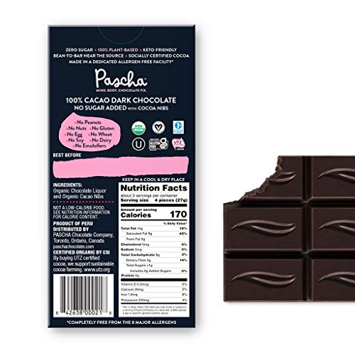 Pascha Organic No Added Sugar 100% Cacao With Cocoa Nibs Chocola