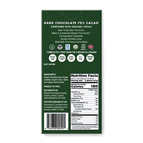 Pascha Organic Sugar Free Dark Chocolate Bars 70% Cacao, Utz, Gl