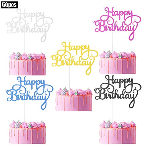 Pengxiaomei 50 Pcs Happy Birthday Cake Toppers, Birthday Gold Cu