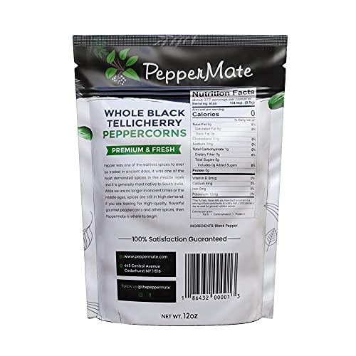 Peppermate Gourmet Tellicherry Peppercorns, 12 Ounce Resealable