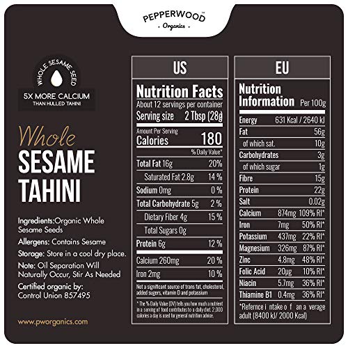 Organic Stone-Ground Whole Sesame Tahini Paste, Unhulled, Unsalt