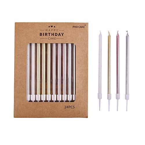 Phd Cake 24-Count Long Birthday Candles In Holders In Gold Silve
