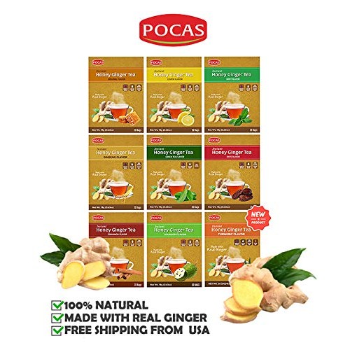 Pocas Instant Honey Ginger Tea Original + Mint, Date, Ginseng, C