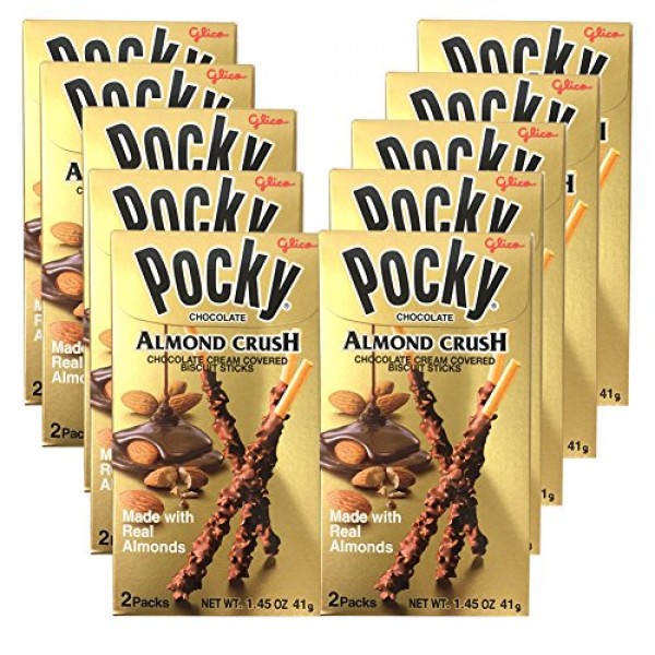 [ 10 Boxes ] Pocky Chocolate Almond Crush Biscuit By Glico 1.45oz