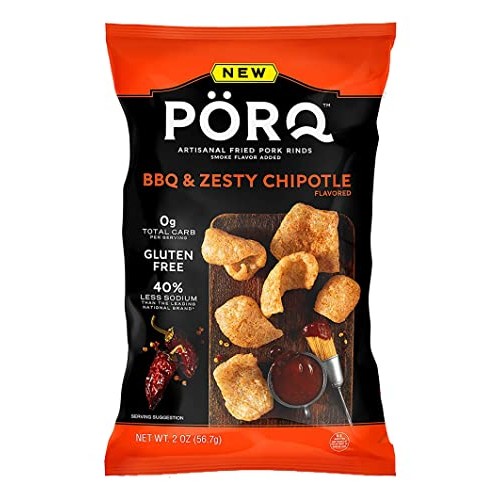 PORQ Artisanal Fried Pork Rinds, BBQ & Zesty Chipotle Flavored w...
