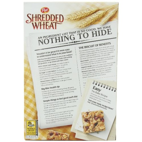 Post Shredded Wheat Original Cereal, No Sugar Or Salt Added, 15-