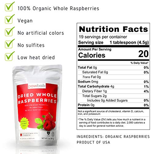 Powbab Dried Raspberries Whole From 100% Usa Grown Organic Raspb