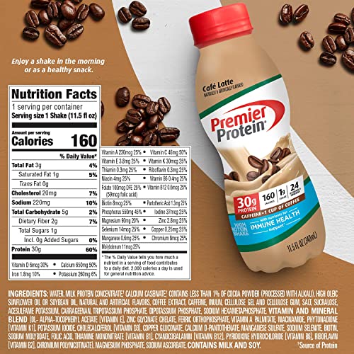 Premier Protein Shake, Café Latte, 30g Protein, 1g Sugar, 24 Vit...