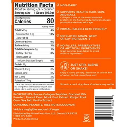 Primal Kitchen Peanut Butter Collagen Fuel Drink Mix - Non-Dairy