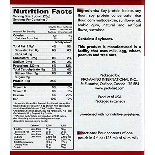 Protidiet Cereal - Honey Nut Soy 7/Box - High Protein 15G - Lo