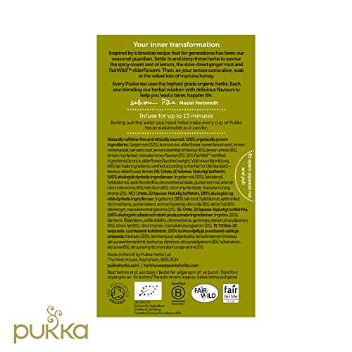 Pukka Organic Tea Bags, Lemon Ginger Manuka Honey Tea, 20 Count