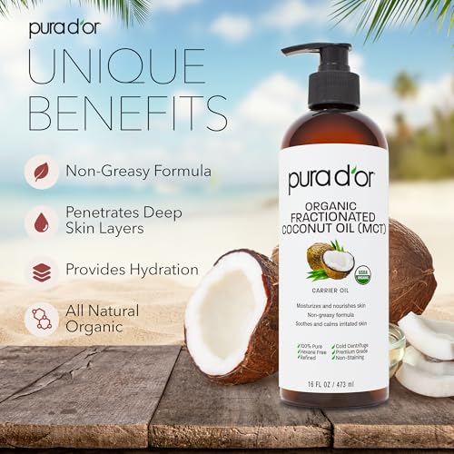 PURA D'OR 16 Oz ORGANIC Fractionated Coconut Oil - MCT Oil - 100...