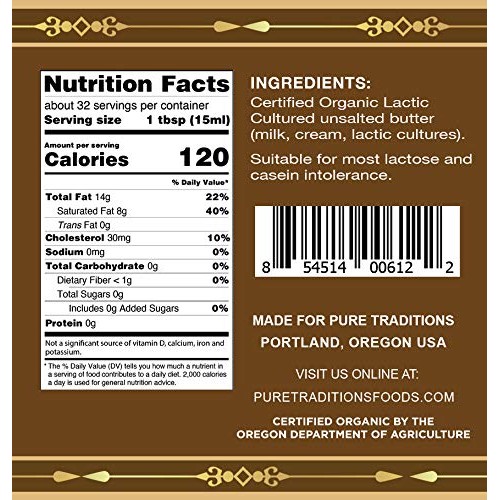 Organic Cultured Brown Butter Ghee, Grass Fed, Casein And Lactos