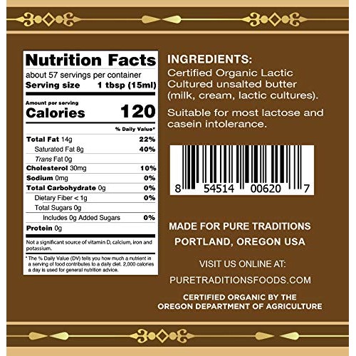 Organic Paleo Cultured Brown Butter Ghee, Grass Fed, Casein And