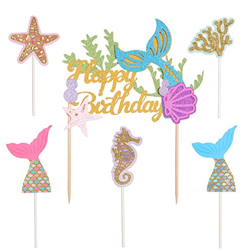 Qibote 1 Pack Mermaid Glitter Happy Birthday Cake Topper And 5 P