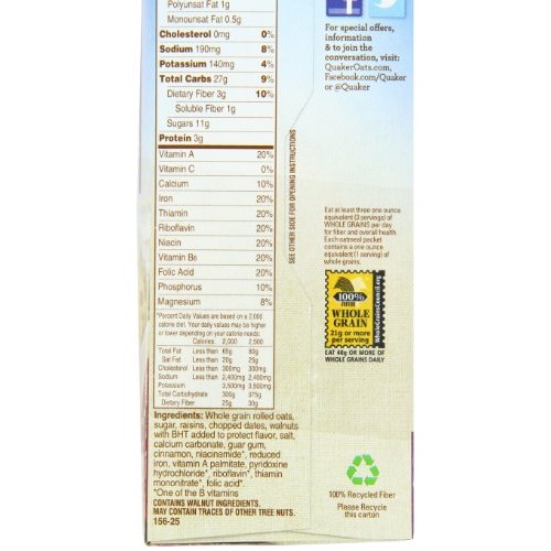 Quaker Instant Oatmeal Raisin, Date &Amp; Walnut, 1.3 Ounce Packs -